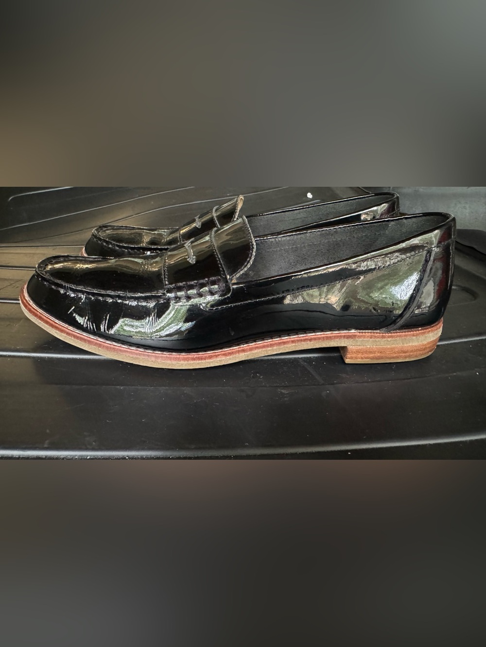 Women Sperry Black Patent Leather Penny Loafers with Brown Trim